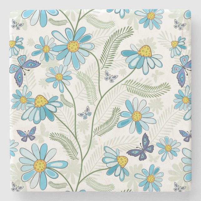 Schönes, handgezeichnetes, blaues Blumenmuster Steinuntersetzer (Vorderseite)