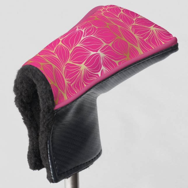Schönes, heißes Rosa,Imitat Gold,Blatt,Muster,tren Golf Headcover (3/4 Vorderseite)