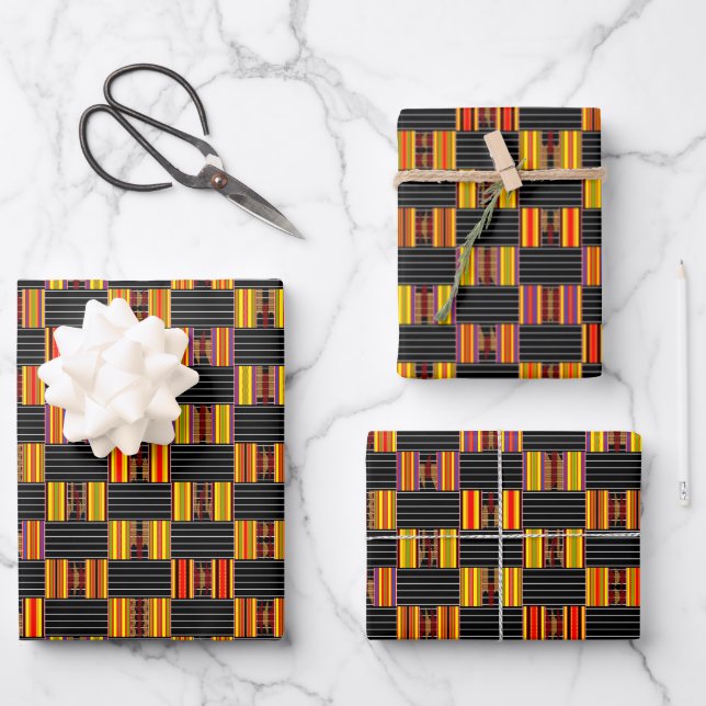 Schönes, helles Schwarzes Pinstripe Kente Geschenkpapier Set (Vorderseite)