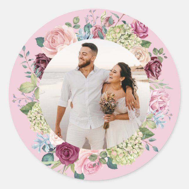 Schönes hellrosa Rose Spray Wedding Foto Runder Aufkleber (Vorderseite)