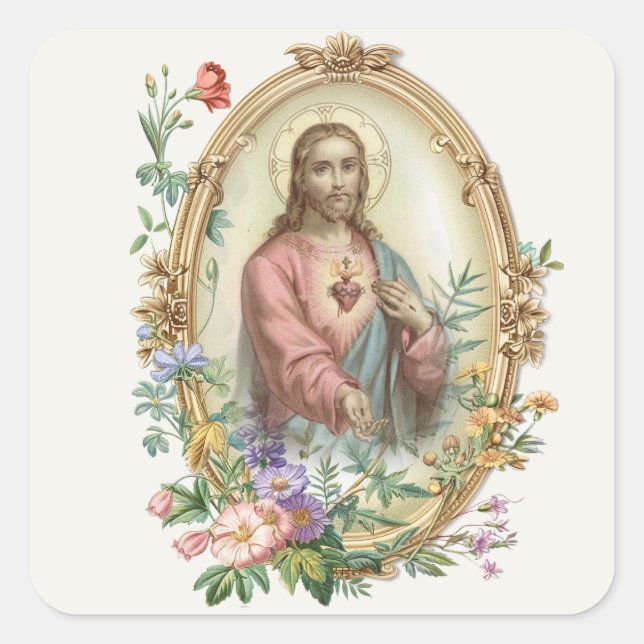 SCHÖNES HERZ DES JESUS FLORAL RELIGIOUS QUADRATISCHER AUFKLEBER (Vorderseite)