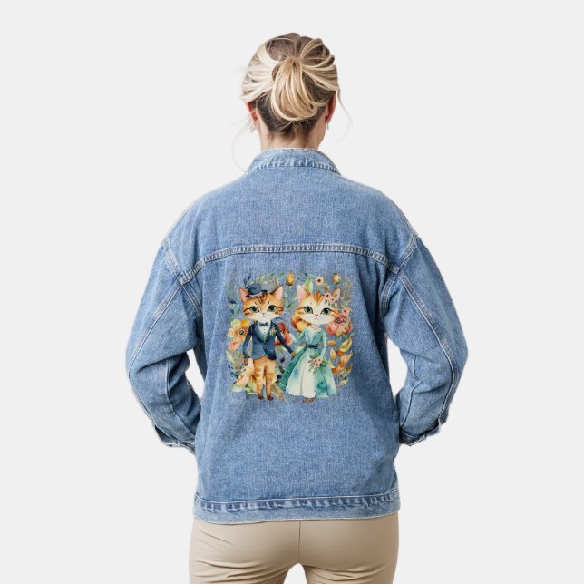schönes Hochzeitspaar Katzen Aquarell Jeansjacke (Modell)