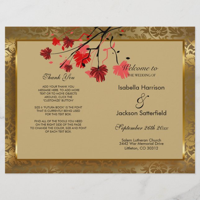 Schönes Hochzeitsprogramm für Vintage Golddampfer (Vorderseite)