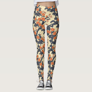 Schönes japanisches Blumenmuster Blau Beige Leggings