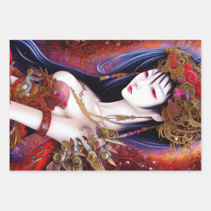 Schönes japanisches Girl Gothic Fantasy Triptych Geschenkpapier Set
