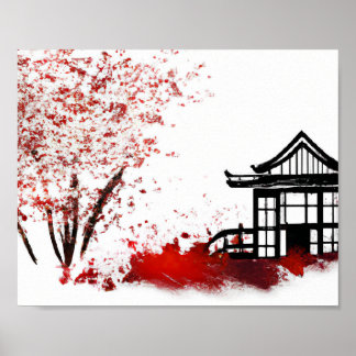 schönes japanisches Haus in Kirschblütenwald Poster