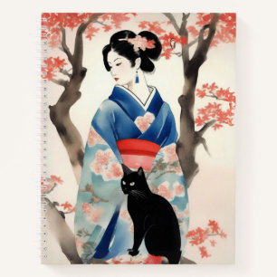 Schönes japanisches Mädchen mit einem Black Cat Jo Notizbuch
