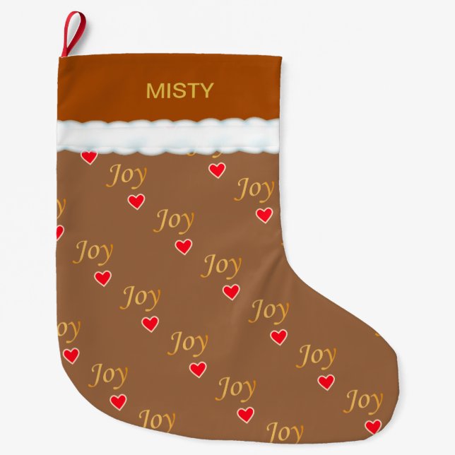 Schönes Joy Heart Pattern auf Brown Großer Weihnachtsstrumpf (Vorderseite)