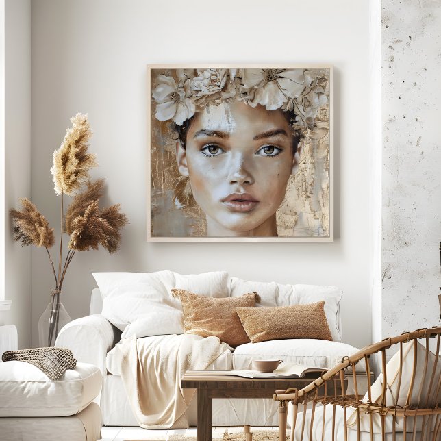 Schönes, junges Modemodell Florales Portrait Kunst Poster (Beautiful Young Fashion Model Floral Portrait Art Poster in a neutral boho living room.)
