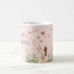 Schönes Leben Pfirsich Schmetterlinge Kaffeetasse