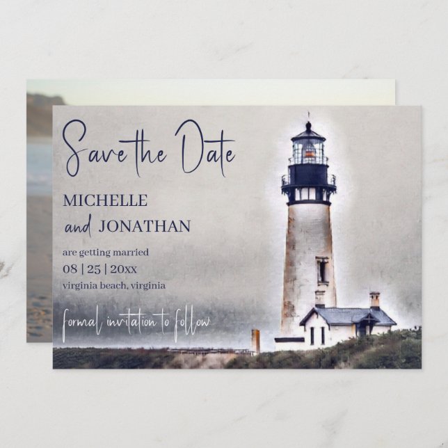 Schönes Leuchtturm Nautical Beach Foto Wedding Save The Date (Vorne/Hinten)