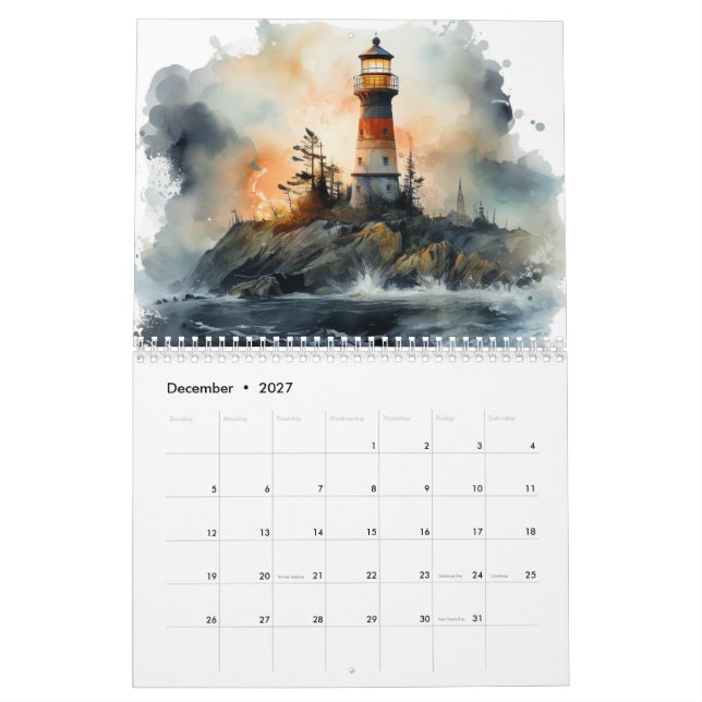 Schönes Leuchtturm Wasserfarbe 12 Monate Kalender (Dez 2027)