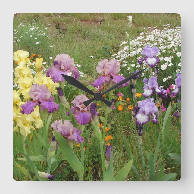 Schönes Lila Iris Blume Blumenstrauß Foto Quadratische Wanduhr (Vorderseite)