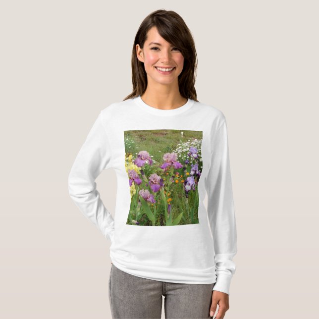 Schönes Lila Iris Blume Blumenstrauß Foto T-Shirt (Vorne ganz)