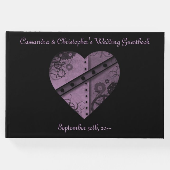 Schönes lila Steampunkherz auf schwarz Gästebuch (Vorderseite)