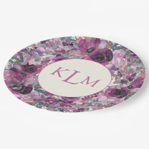 Schönes lila Wasserfarben-Blumenmonogramm Pappteller