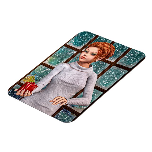 Schönes Mädchen, das ein Weihnachtsgeschenk hält Magnet (Linke Seite)