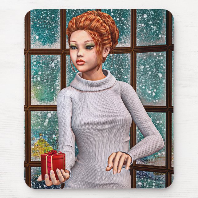 Schönes Mädchen, das ein Weihnachtsgeschenk hält Mousepad (Vorne)