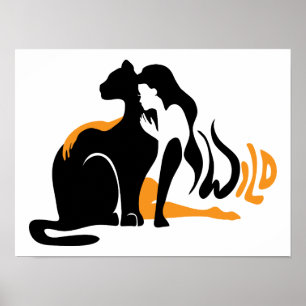 Schönes Mädchen, große schwarze Katze Panther Illu Poster