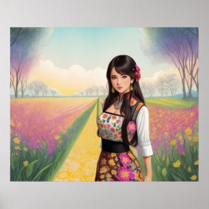 Schönes Mädchen im Blumengarten Poster