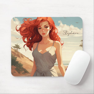 Schönes Mädchen in Rot am Strand Mousepad
