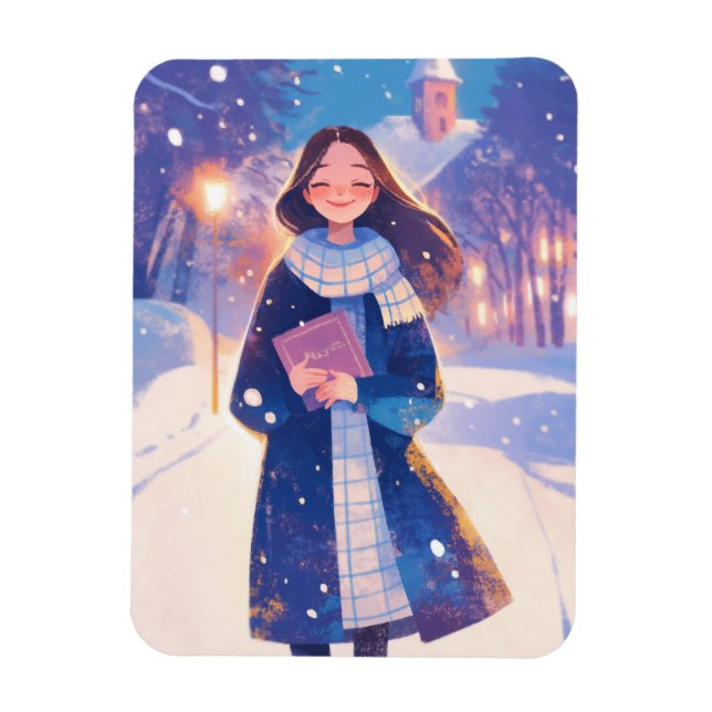 Schönes Mädchen läuft über die Winterstraße Magnet (Vertikal)