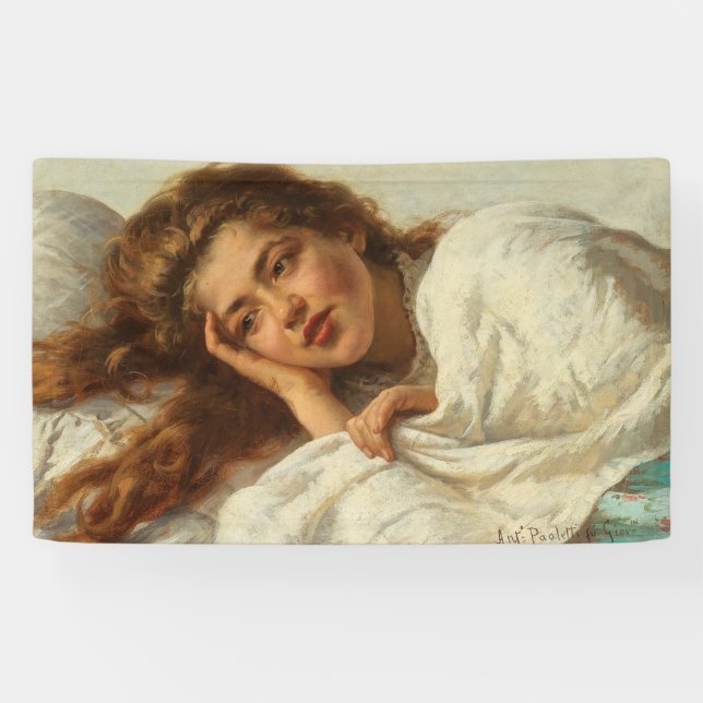 Schönes Mädchen liegt im Bett mit rotem Haar Banner (Horizontal)