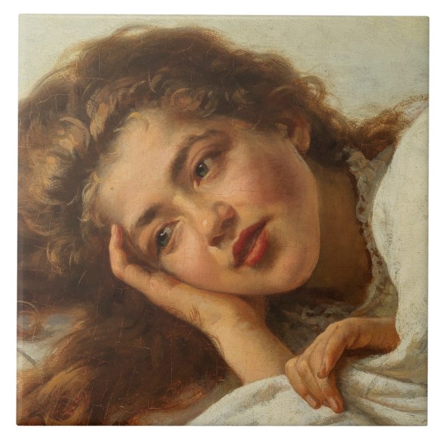 Schönes Mädchen liegt im Bett mit rotem Haar Fliese (Vorderseite)