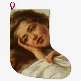 Schönes Mädchen liegt im Bett mit rotem Haar Großer Weihnachtsstrumpf