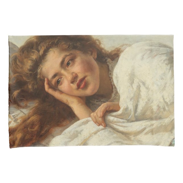 Schönes Mädchen liegt im Bett mit rotem Haar Kissenbezug (Vorderseite-Rechts)