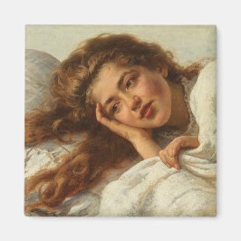 Schönes Mädchen liegt im Bett mit rotem Haar Magnet