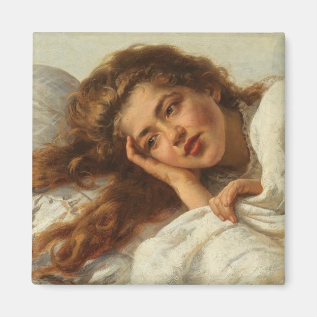 Schönes Mädchen liegt im Bett mit rotem Haar Magnet (Vorne)