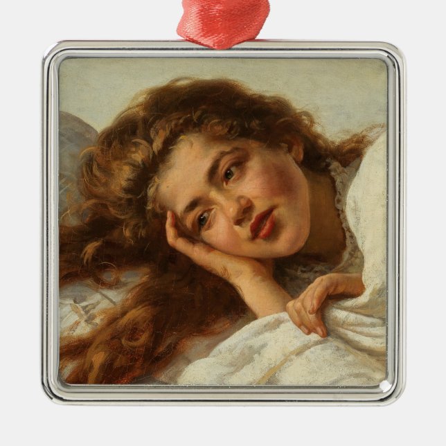 Schönes Mädchen liegt im Bett mit rotem Haar Ornament Aus Metall (Vorne)