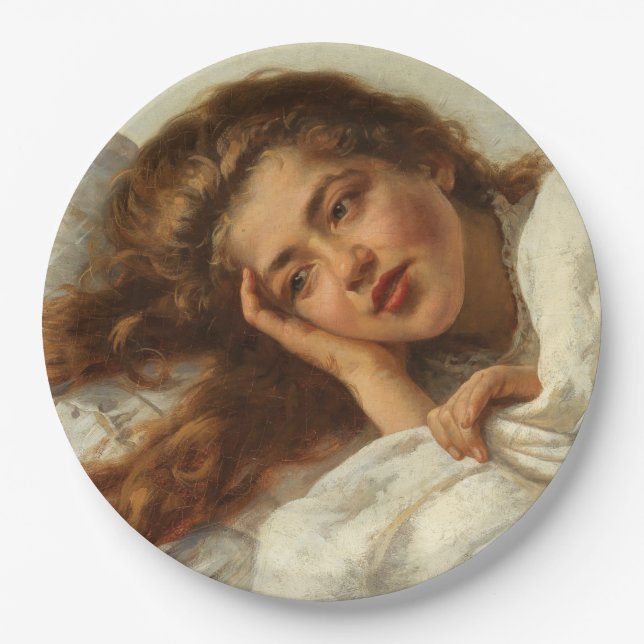 Schönes Mädchen liegt im Bett mit rotem Haar Pappteller (Vorderseite)