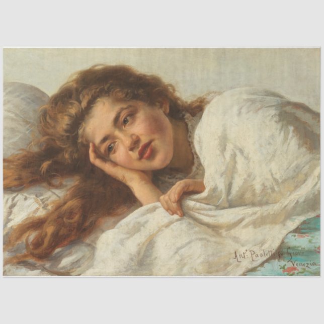 Schönes Mädchen liegt im Bett mit rotem Haar Seidenpapier (Vorderseite)