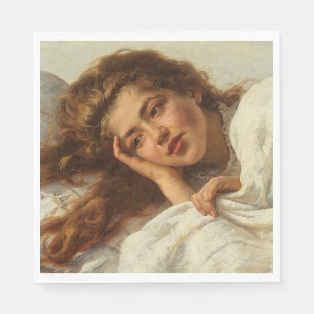 Schönes Mädchen liegt im Bett mit rotem Haar Serviette (Vorderseite)