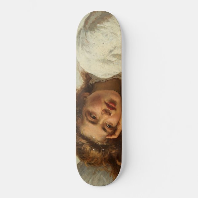 Schönes Mädchen liegt im Bett mit rotem Haar Skateboard (Vorderseite)
