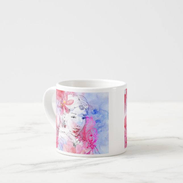 Schönes Mädchen mit einem Blumenstrauß der Blumen Espressotasse (Vorderseite Links)