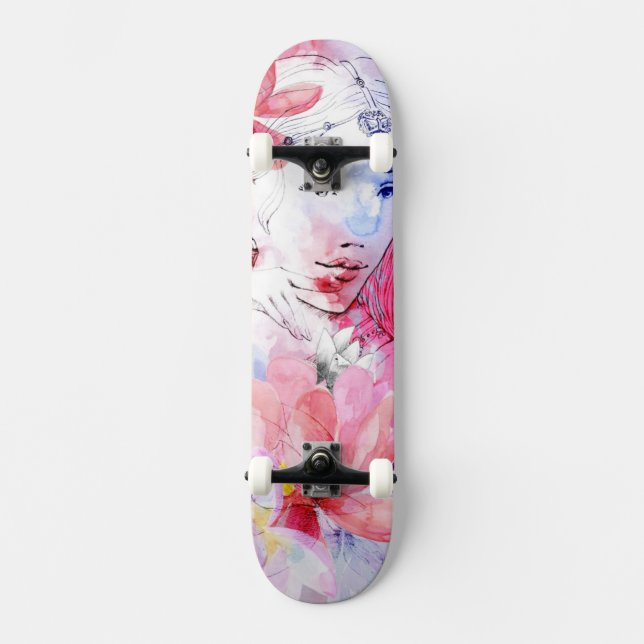 Schönes Mädchen mit einem Blumenstrauß der Blumen Skateboard (Vorderseite)