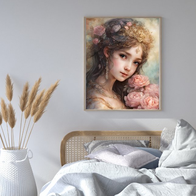 Schönes Mädchen mit rosa Rosen Poster (Beautiful Girl with Pink Roses Poster)