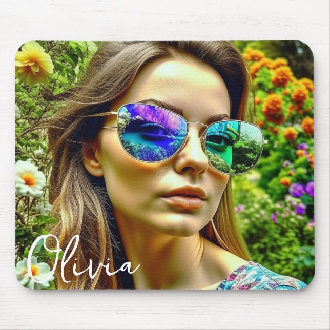 Schönes Mädchen mit Sonnenbrille Reflektion Blume Mousepad (Vorne)