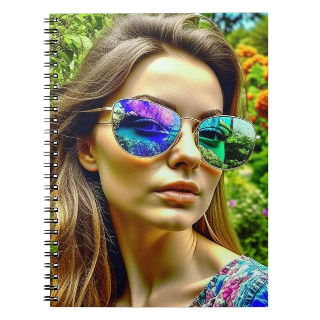 Schönes Mädchen mit Sonnenbrille Reflektion Blume Notizblock (Vorderseite)