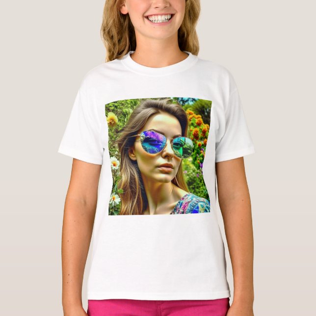 Schönes Mädchen mit Sonnenbrille Reflektion Blume T-Shirt (Vorderseite)