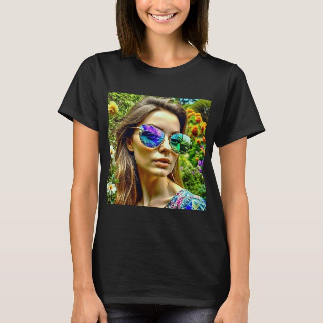 Schönes Mädchen mit Sonnenbrille Reflektion Blume T-Shirt (Vorderseite)