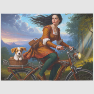 Schönes Mädchen mit Welpe auf Fahrrad Decoupage Seidenpapier