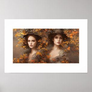 Schönes Mädchen umgeben von Blätter Poster