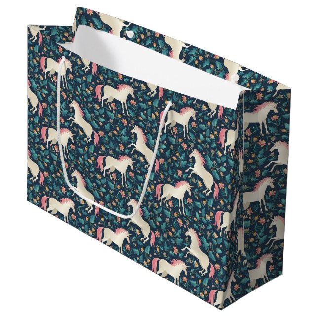 Schönes magisches Einhorn-Muster Große Geschenktüte (Vorderseite Schrägansicht)