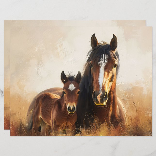 Schönes Mare and Foal Painting Scrapbook Paper (Vorne/Hinten)