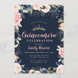 Schönes marineblau & rot florale quinceañera einladung