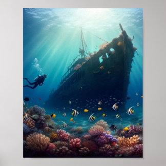 Schönes Meeresriff und Schiffswrack Poster